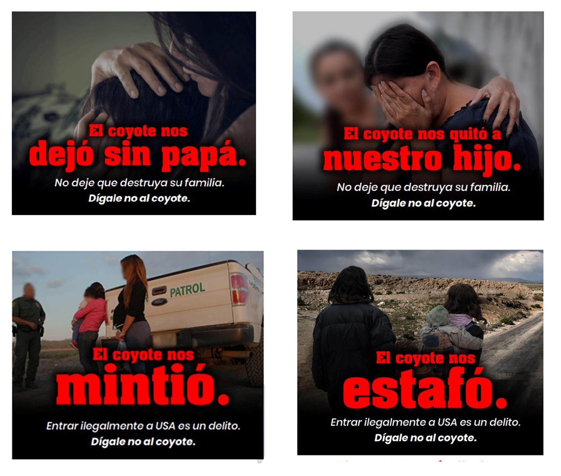 Composición de cuatro fotografías cedidas por la Oficina de Aduanas y Protección Fronteriza (CBP) donde se aprecian los carteles de la campaña publicitaria digital 
