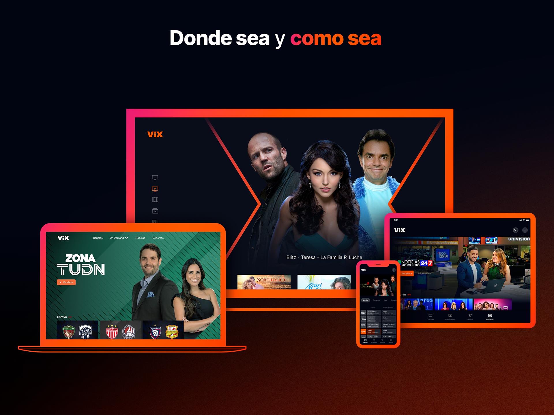 Composición fotográfica cedida por el conglomerado de comunicación en español TelevisaUnivision donde se aprecian los diferentes suportes donde se puede ver la plataforma gratuita de 