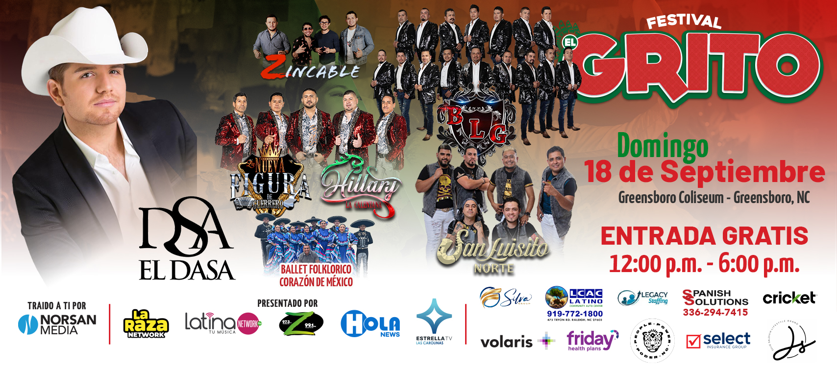 Festival “El Grito” el domingo 18 de septiembre en Greensboro con entrada GRATIS