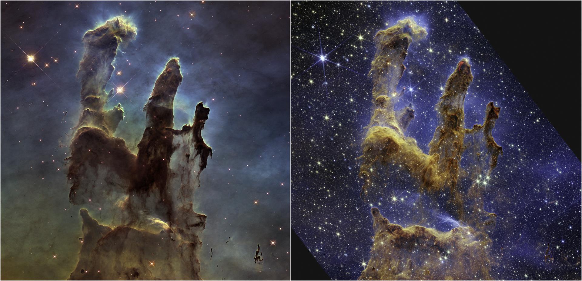 Composición fotográfica divulgada este miércoles por la NASA tomada por el telescopio espacial James Webb donde se aprecian dos imágenes de los Pilares de la Creación, una tomada en 2014 (izq.) y la última tomada de la luz del infrarrojo cercano al telescopio. EFE/NASA/ESA/CSA/STScI/Joseph DePasquale/Anton M. Koekemoer/ Alyssa Pagan /SOLO USO EDITORIAL /NO VENTAS /SOLO DISPONIBLE PARA ILUSTRAR LA NOTICIA QUE ACOMPAÑA /CRÉDITO OBLIGATORIO
