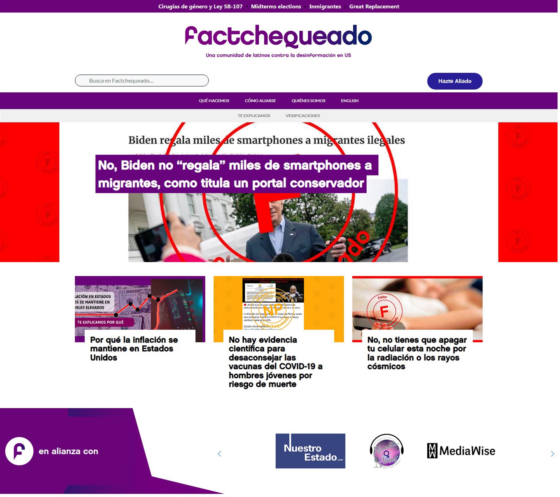 Vista de la página de inicio de Factchequeado, la web de verificación de datos en español que lleva seis meses lidiando con el problema de las informaciones falsas o tergiversadas en EE.UU. EFE/Factchequeado /SOLO USO EDITORIAL /NO VENTAS /SOLO DISPONIBLE PARA ILUSTRAR LA NOTICIA QUE ACOMPAÑA /CRÉDITO OBLIGATORIO
