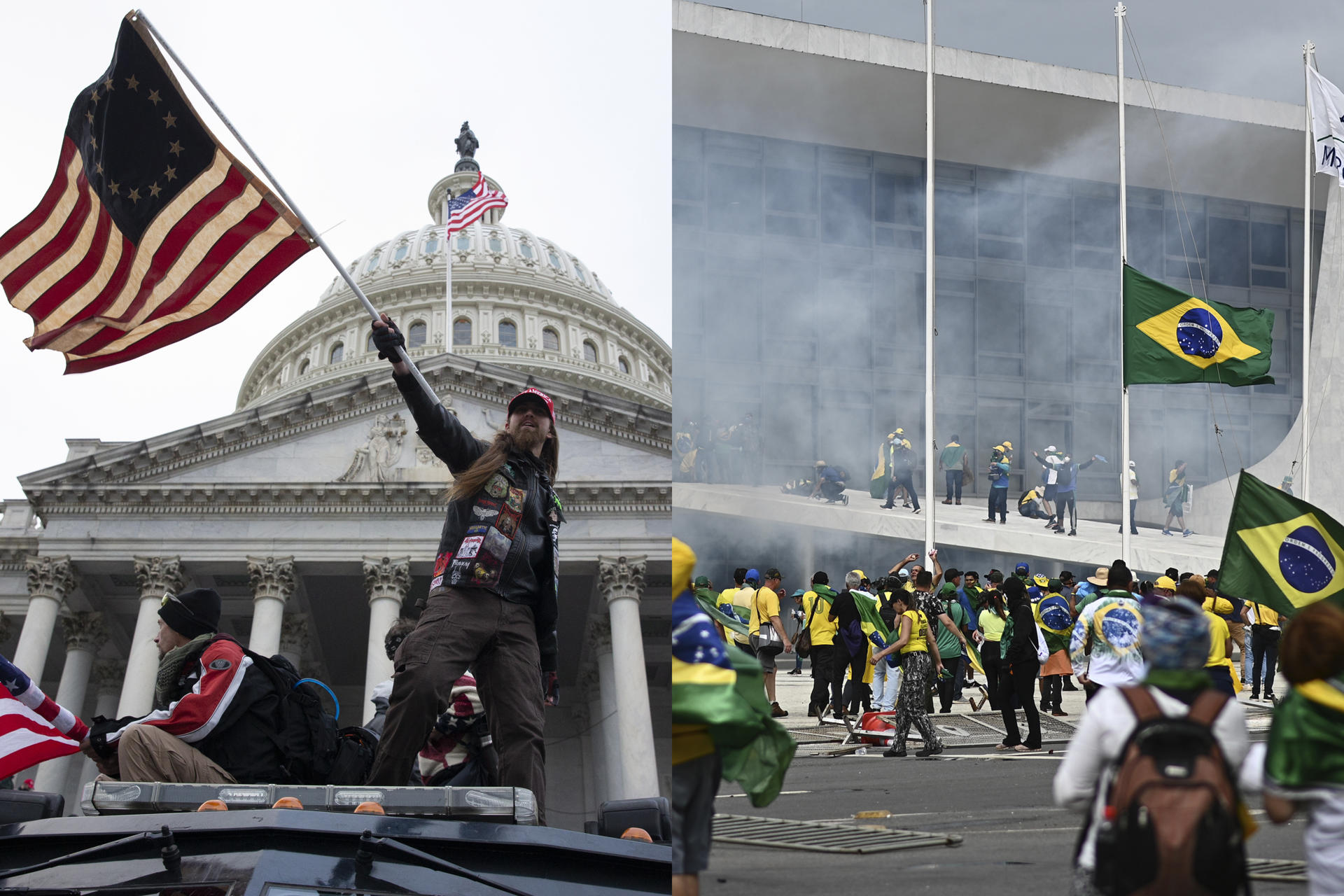 Combo de fotografías que muestra, a la izquierda, a dos manifestantes pro Trump durante la toma del Capitolio el 6 de enero de 2021, en Washington (EE.UU.) y a la derecha, la toma de hoy por parte de manifestantes Bolsonaristas en la sede del poder de la república de Brasil, en Brasilia (Brasil). EFE/ ARCHIVO
