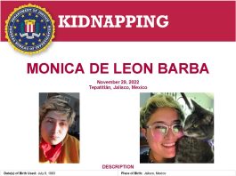Fotografía del cartel del Buró Federal de Investigaciones de Estados Unidos (FBI) donde aparece Mónica de León Barba fue secuestrada el 29 de noviembre de 2022 mientras caminaba a casa con su perro en Tepatitlán, estado de Jalisco, México.  EFE/FBI /SOLO USO EDITORIAL/NO VENTAS/SOLO DISPONIBLE PARA ILUSTRAR LA NOTICIA QUE ACOMPAÑA/CRÉDITO OBLIGATORIO
