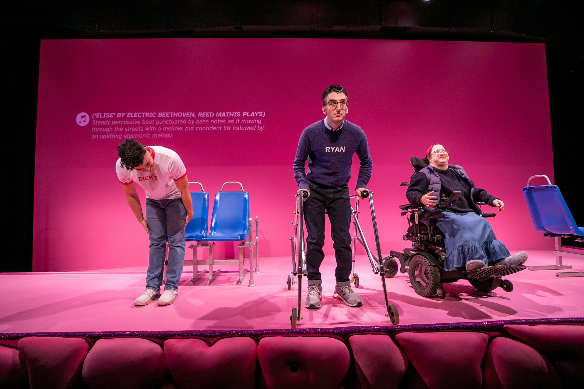 Fotografía cedida por The Public Theater donde aparecen (i-d) Dickie Hearts, Ryan J. Haddad, y Alejandra Ospina en el escenario durante una escena de la obra teatral 