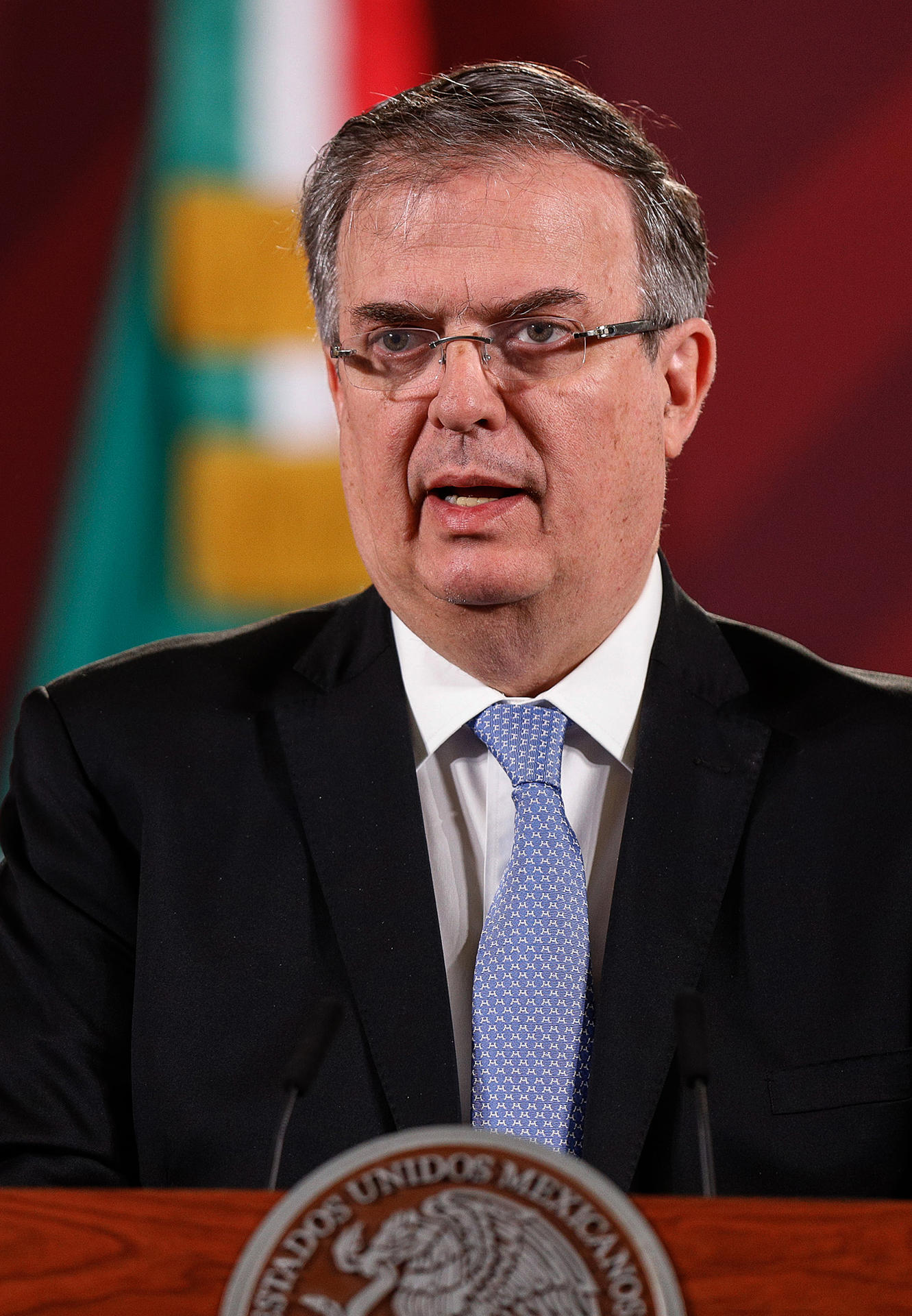 El canciller mexicano Marcelo Ebrard, habla durante una conferencia matutina el 13 de febrero de 2023 en el Palacio Nacional de Ciudad México (México). EFE/Isaac Esquivel
