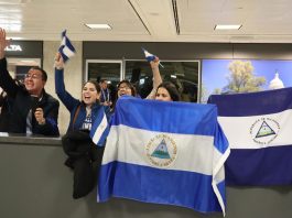 Personas sostienen banderas nicaragüenses a la espera de la llegada de los presos políticos expulsados de ese país en el aeropuerto de Dulles, Virginia (EE. UU). Imagen de archivo. EFE/Octavio Guzmán
