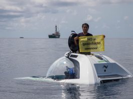 Fotografía cedida por Greenpeace donde se observa una activista protestando en las aguas del mar de Veracruz (México). EFE/ Greenpeace / SOLO USO EDITORIAL/ SOLO DISPONIBLE PARA ILUSTRAR LA NOTICIA QUE ACOMPAÑA (CRÉDITO OBLIGATORIO)
