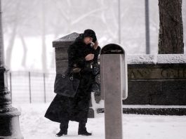 Fotografía de archivo de una mujer que camina por la calle 59 durante una nevada en Nueva York, Estados Unidos. EFE/JUSTIN LANE
