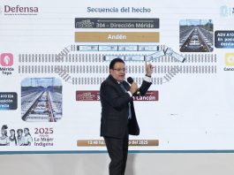México afirma que incidente en Tren Maya fue un “percance de vía” debido a una “anomalía” El director general del Tren Maya, Óscar David Lozano Águila, habla este miércoles durante una rueda de prensa de la Presidencia del Gobierno de México en el Palacio Nacional de la Ciudad de México (México). EFE/José Méndez
