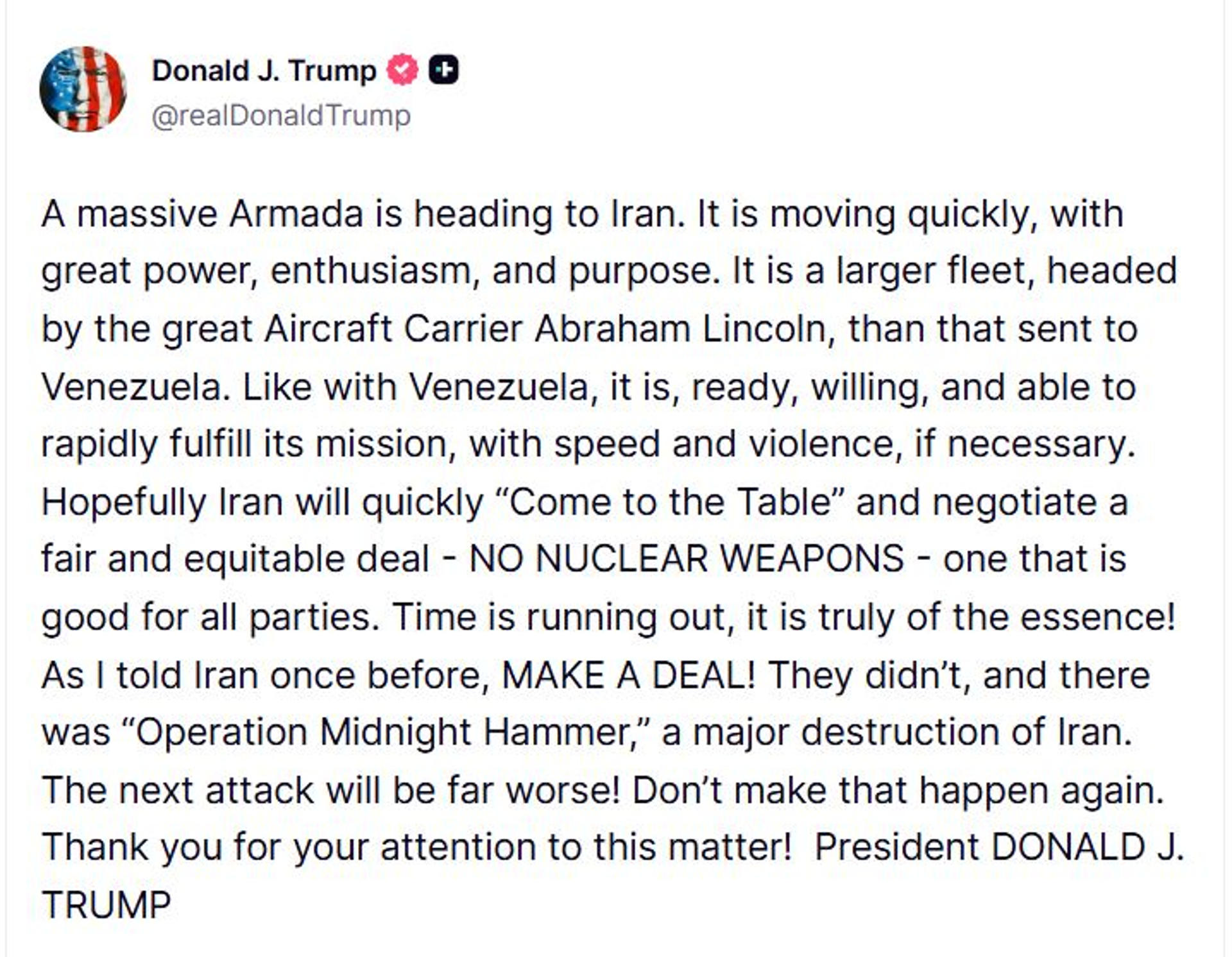 El presidente de Estados Unidos, Donald Trump, aseguró este miércoles que la flota de barcos que envió a Irán está lista para "cumplir su misión con rapidez y violencia", como en Venezuela. EFE/ @realDonald Trump en Truth Social  - SOLO USO EDITORIAL/SOLO DISPONIBLE PARA ILUSTRAR LA NOTICIA QUE ACOMPAÑA (CRÉDITO OBLIGATORIO) -
