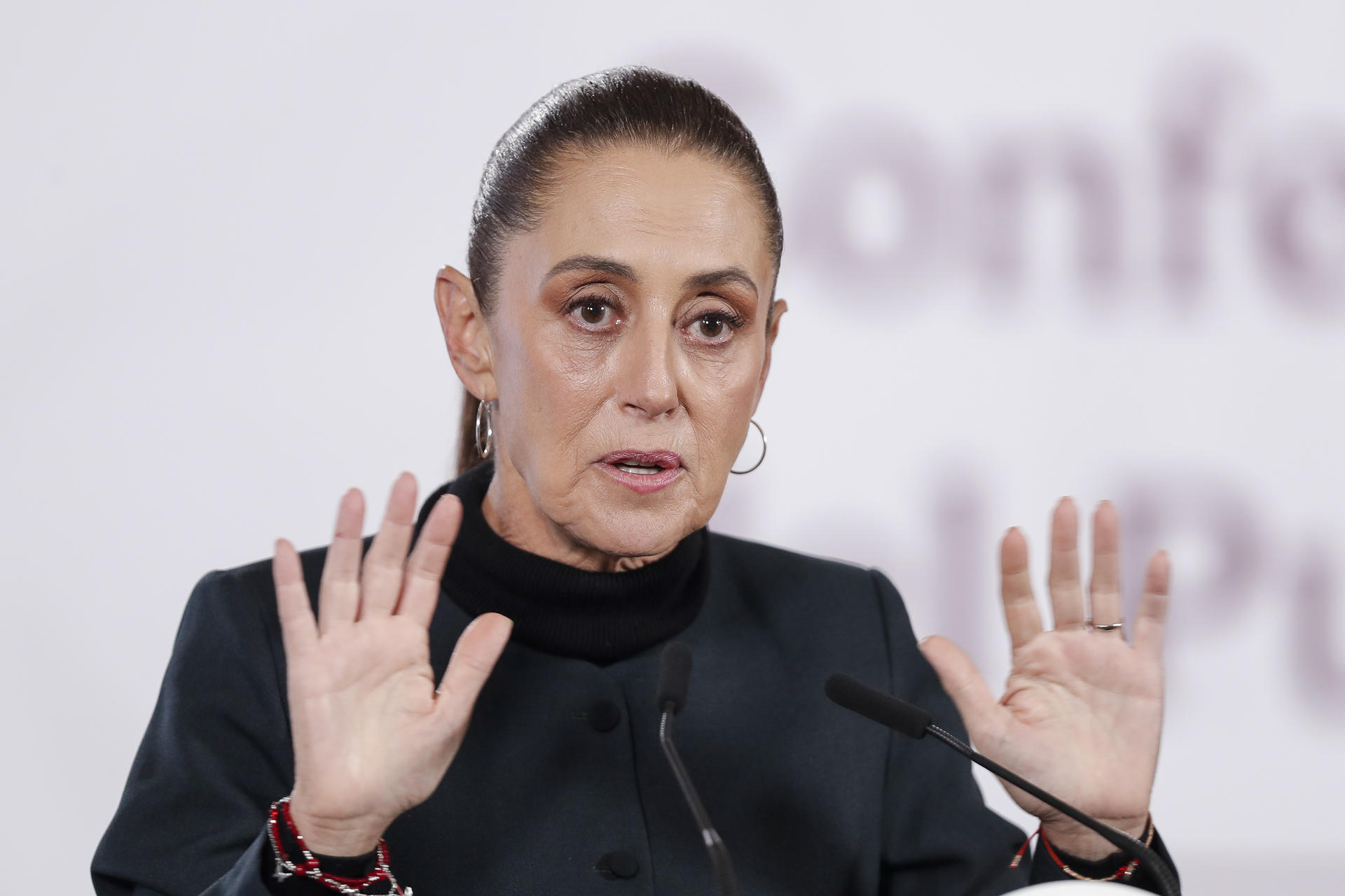 La presidenta de México, Claudia Sheinbaum, participa en una rueda de prensa este miércoles en el Palacio Nacional en Ciudad de México (México). EFE/ Isaac Esquivel 