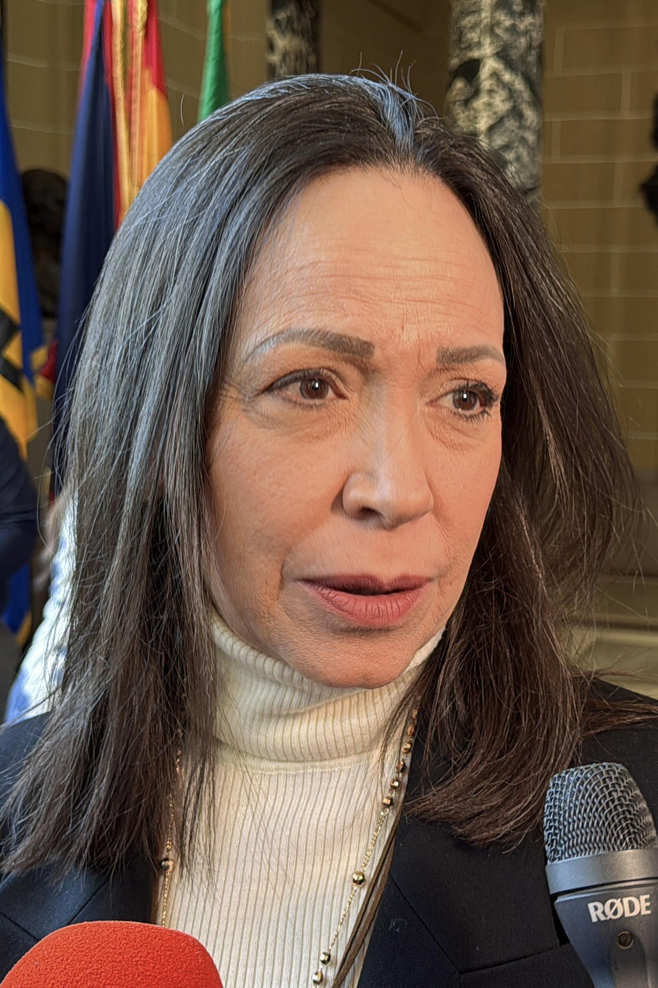 La líder opositora María Corina Machado habla con periodistas después de una reunión con el secretario general de la OEA, Albert R. Ramdin, este martes en Washington (Estados Unidos). EFE/ Octavio Guzmán
