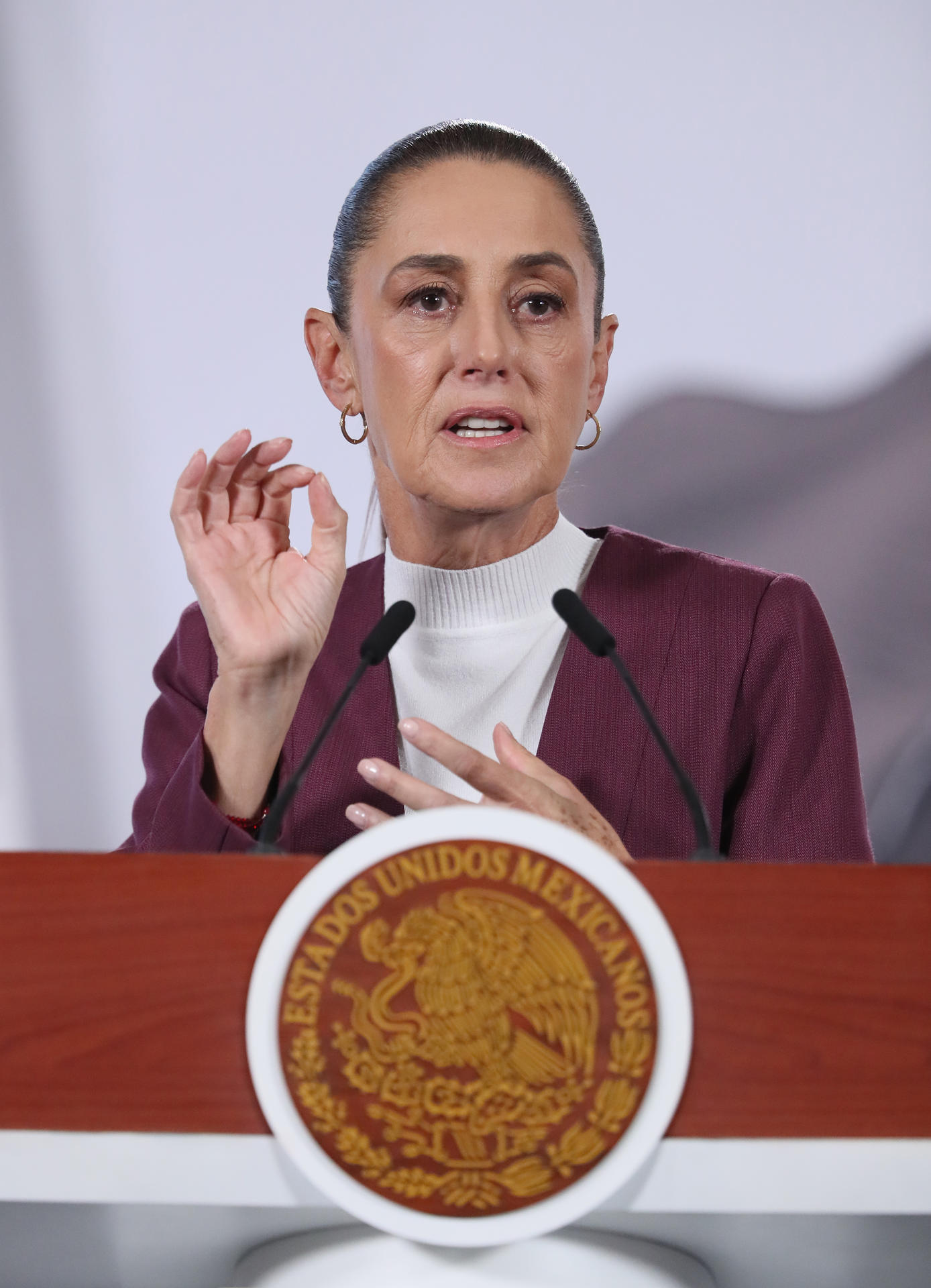 La presidenta de México, Claudia Sheinbaum, habla durante una rueda de prensa este jueves, en Palacio Nacional de la Ciudad de México (México). EFE/Mario Guzmán
