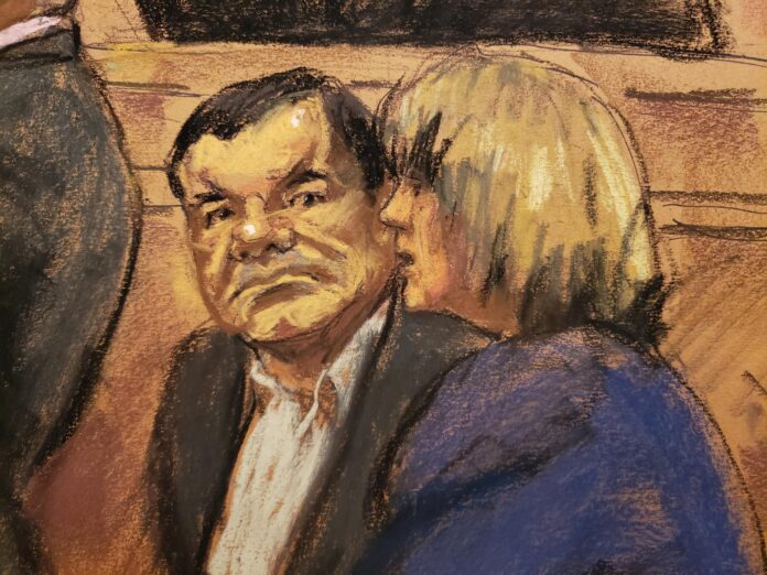 Reproducción fotográfica de un dibujo realizado por la artista Jane Rosenberg donde aparece el narcotraficante mexicano Joaquín 