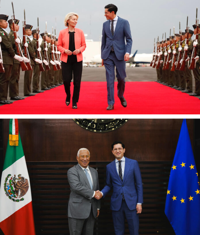 Combo de fotografía cedidas por la Secretaría de Relaciones Exteriores de México (SRE), de su titular Roberto Velasco recibiendo a la presidenta de la Comisión Europea, Ursula von der Leyen (arriba) y al presidente del Consejo Europeo, António Costa (abajo) este miércoles, en el Aeropuerto Internacional de la Ciudad de México (México). EFE/ Secretaría de Relaciones Exteriores/SOLO USO EDITORIAL/NO VENTAS/SOLO DISPONIBLE PARA ILUSTRAR LA NOTICIA QUE ACOMPAÑA(CRÉDITO OBLIGATORIO)
