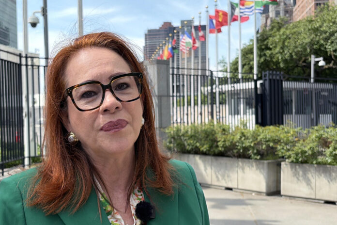 La diplomática ecuatoriana María ‌Fernanda Espinosa, nominada por Antigua y Barbuda para unirse a la carrera por la secretaría general de la ONU, habla durante una entrevista con EFE este miércoles en la sede de las Naciones Unidas en Nueva York (EE.UU.). EFE/Jan Téllez
