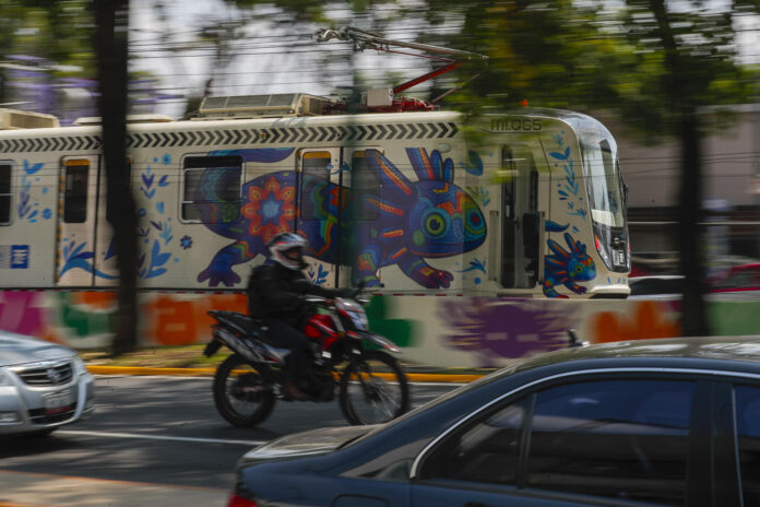 Fotografía del tren ligero con imágenes de ajolotes este sábado (ayer), en la Ciudad de México (México). EFE/Isaac Esquivel
