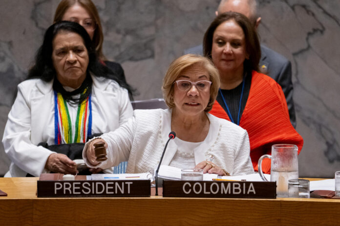 Fotografía cedida por la ONU de la canciller de Colombia, Rosa Yolanda Villavicencio Mapy, en una reunión del Consejo de Seguridad sobre el tema 'La paz se decide con las mujeres: salir del conflicto mediante el fortalecimiento de su participación' este miércoles, en Nueva York (Estados Unidos). EFE/ Manuel Elías/ONU/ SOLO USO EDITORIAL/ NO VENTAS /SOLO DISPONIBLE PARA ILUSTRAR LA NOTICIA QUE ACOMPAÑA /CRÉDITO OBLIGATORIO
