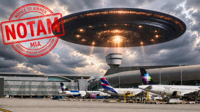 Fotografía publicada en la cuenta oficial en X @iflymia del Aeropuerto Internacional de Miami donde se aprecia a un platillo volante (OVNI) planeando sobre unos aviones en la pista del aeropuerto. EFE/@iflymia /SOLO USO EDITORIAL /NO VENTAS /SOLO DISPONIBLE PARA ILUSTRAR LA NOTICIA QUE ACOMPAÑA /CRÉDITO OBLIGATORIO
