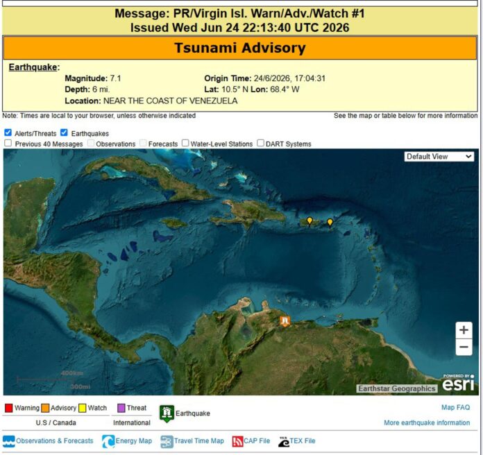 Imagen difundida en la cuenta en Administración Nacional Oceánica y Atmosférica (NOAA, en inglés) de una alerta de tsunami para Puerto Rico y las Islas Vírgenes estadounidenses tras un terremoto de magnitud 7,1 registrado cerca de las costas de Venezuela. EFE/ NOAA /SOLO USO EDITORIAL/ SOLO DISPONIBLE PARA ILUSTRAR LA NOTICIA QUE ACOMPAÑA (CRÉDITO OBLIGATORIO)
