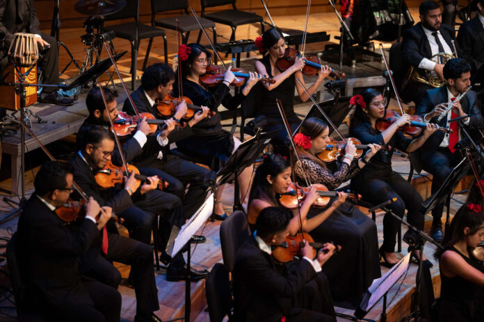 Integrantes de La Orquesta de Cámara Simón Bolívar participan en un homenaje al poeta y dramaturgo español Federico García Lorca con el espectáculo poético-musical 'Lorca como tú quieras', este sábado en Caracas (Venezuela). EFE/ Ronald Peña R
