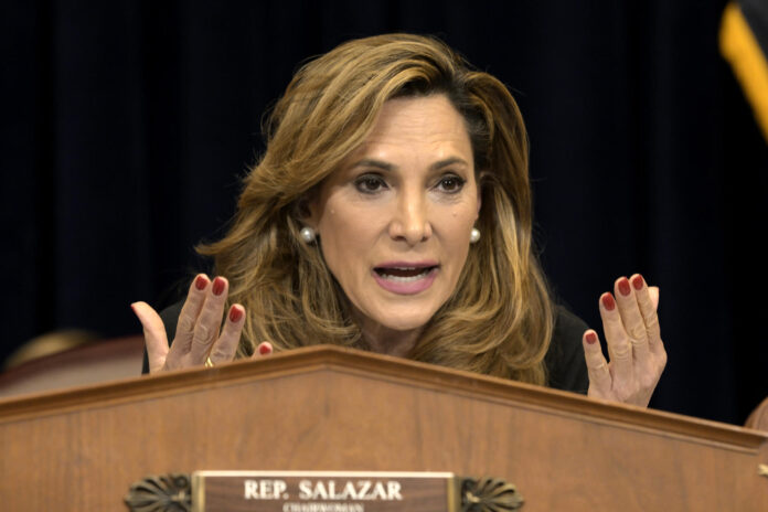 La congresista republicana María Elvira Salazar habla en una audiencia del Comité de Asuntos Exteriores del Hemisferio Occidental este miércoles, en la sede del Congreso en Washington (Estados Unidos). EFE/Lenin Nolly
