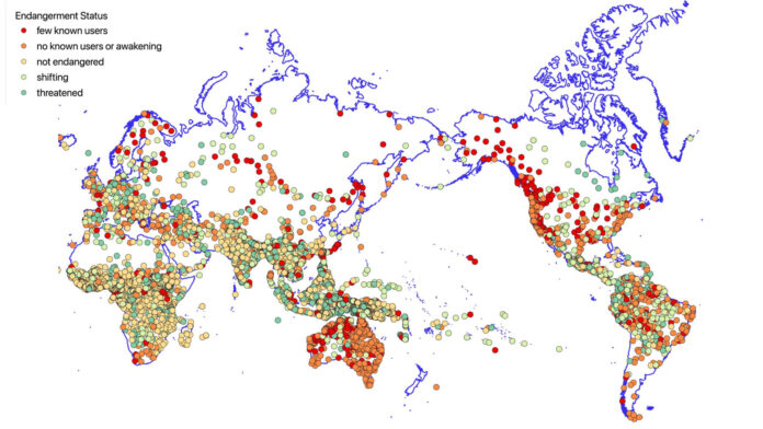 Lenguas contemporáneas y su grado de amenaza de extinción. Elaborado a partir de un mapa base de Natural Earth. Crédito: Claire Bowern
