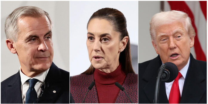 Combo de fotografías que muestra al primer ministro de Canadá, Mark Carney (i); la presidenta de México, Claudia Sheinbaum (c), y al presidente de Estados Unidos, Donald Trump. EFE/ José Méndez/ Octavio Guzmán
