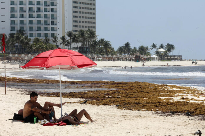 Personas descansan en una playa con sargazo este martes, en Cancún, Quintana Roo (México). EFE/Alonso Cupul
